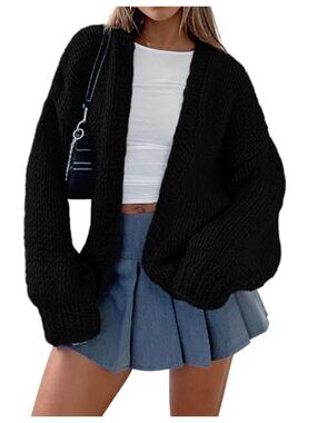 Chunky Knit Open Front Cardigan Sweater Long Sleeve Shawl Collar Women
